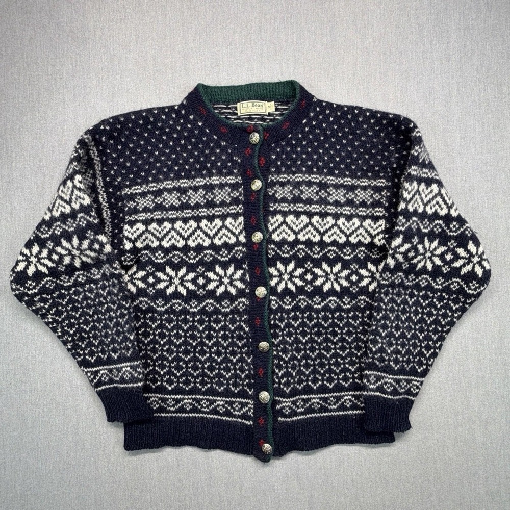 Vintage 80s L.L. Bean‎ Wool Snowflake Cardigan Sweater Nordic Winter Size M